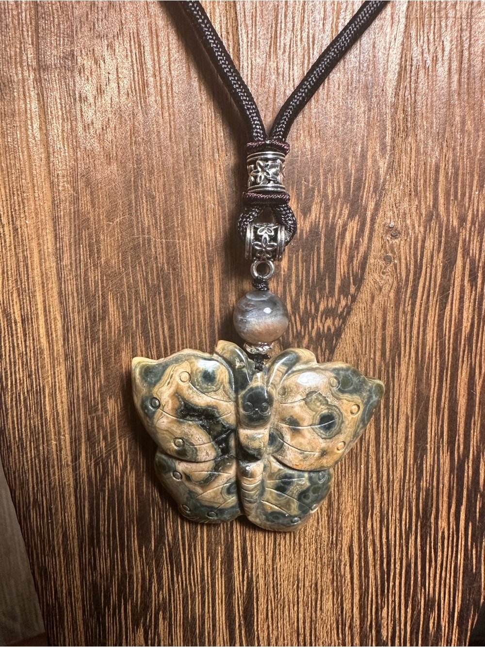 Dark Green and Brown Ocean Jasper Butterfly Pendant Necklace on Brown Rope